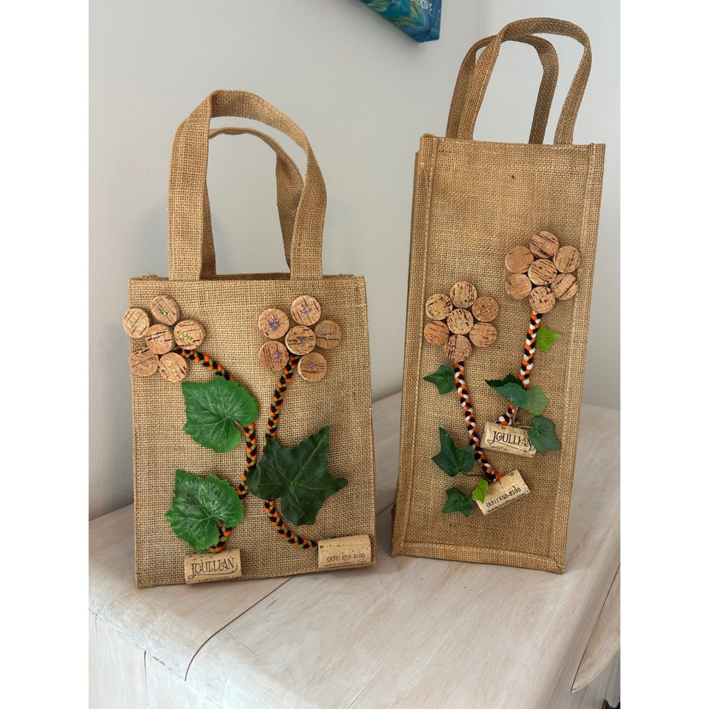 Joullian‎ Vineyards Burlap Wine Gift Bags Set Cork Flower Decor Rustic Jute 2pc